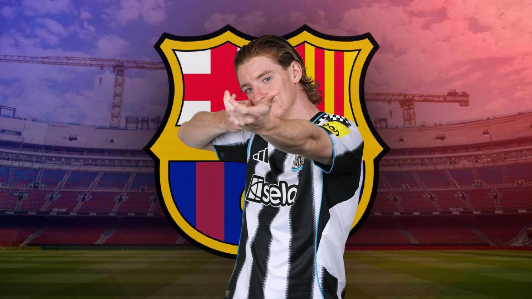 Anthony Gordon con el escudo del Barça y el Camp Nou en un fotomontaje