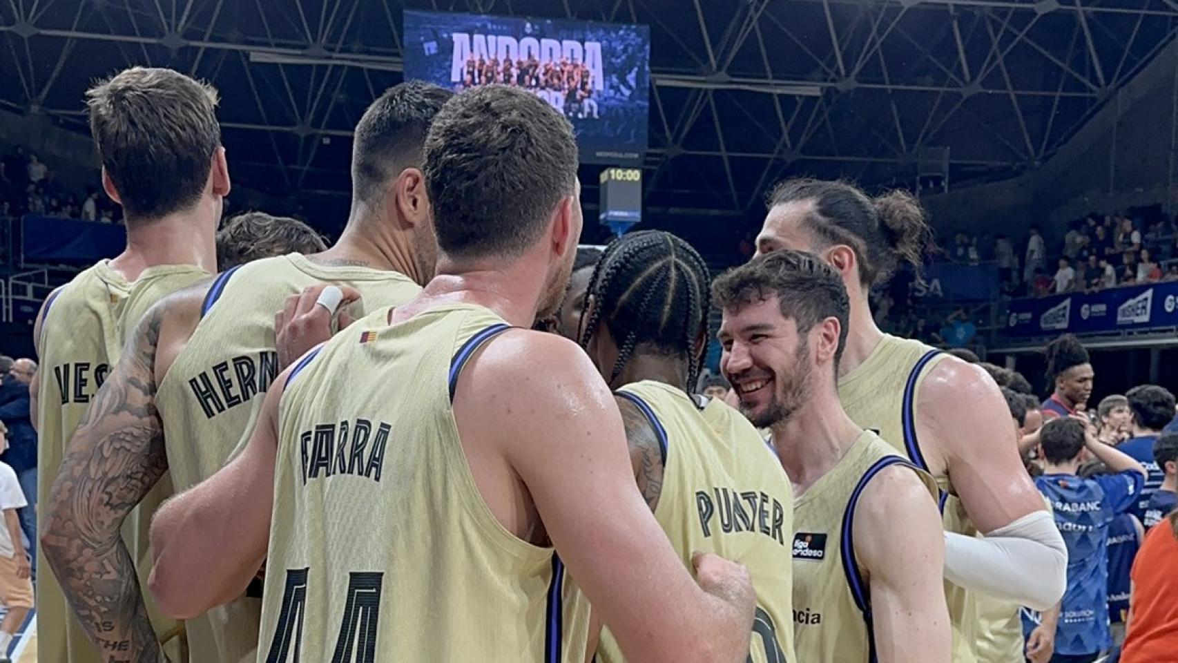 Los jugadores del Barça de basket celebran la victoria contra el Morabanc Andorra