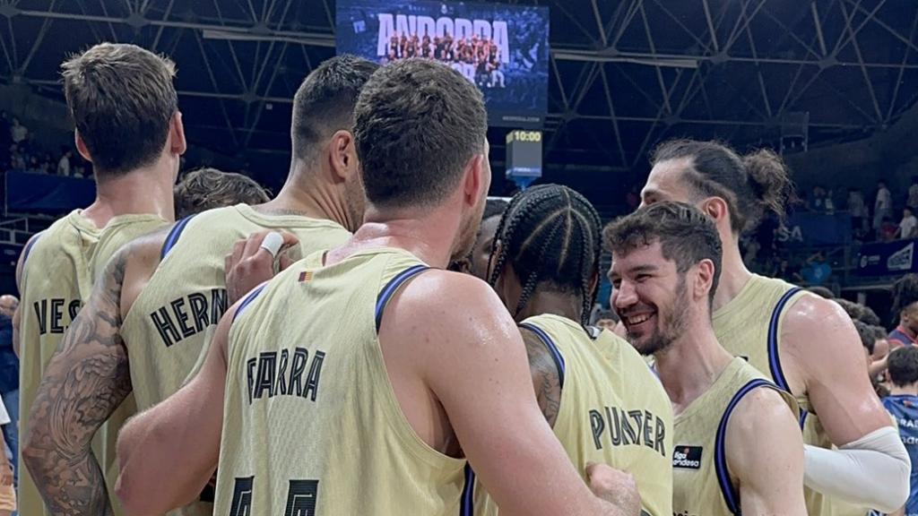 Los jugadores del Barça de basket celebran la victoria contra el Morabanc Andorra