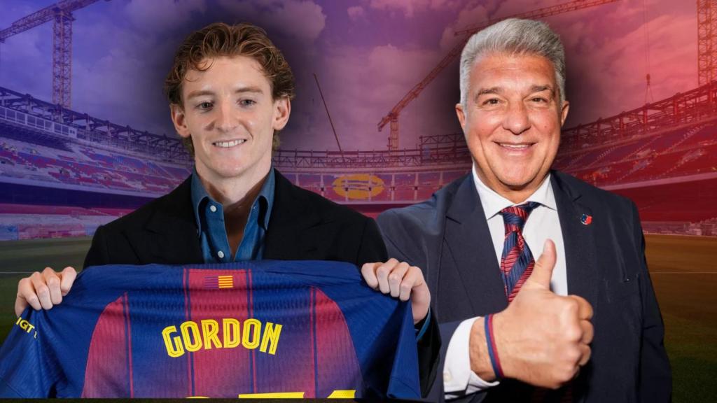 Anthony Gordon y Joan Laporta, en un fotomontaje