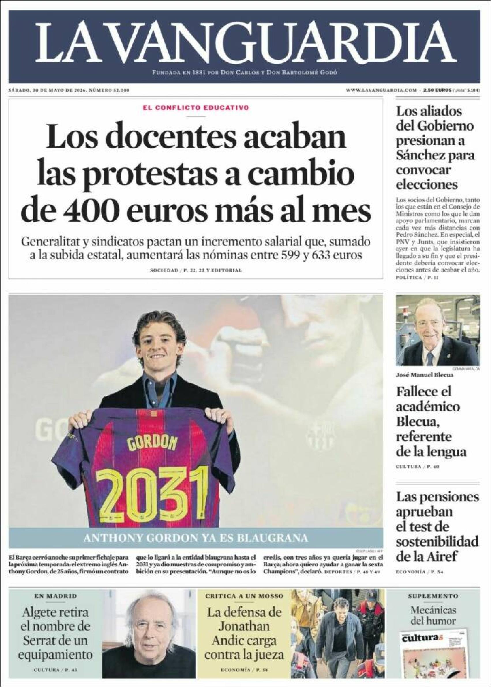 Portada de 'La Vanguardia' a 30 de maig