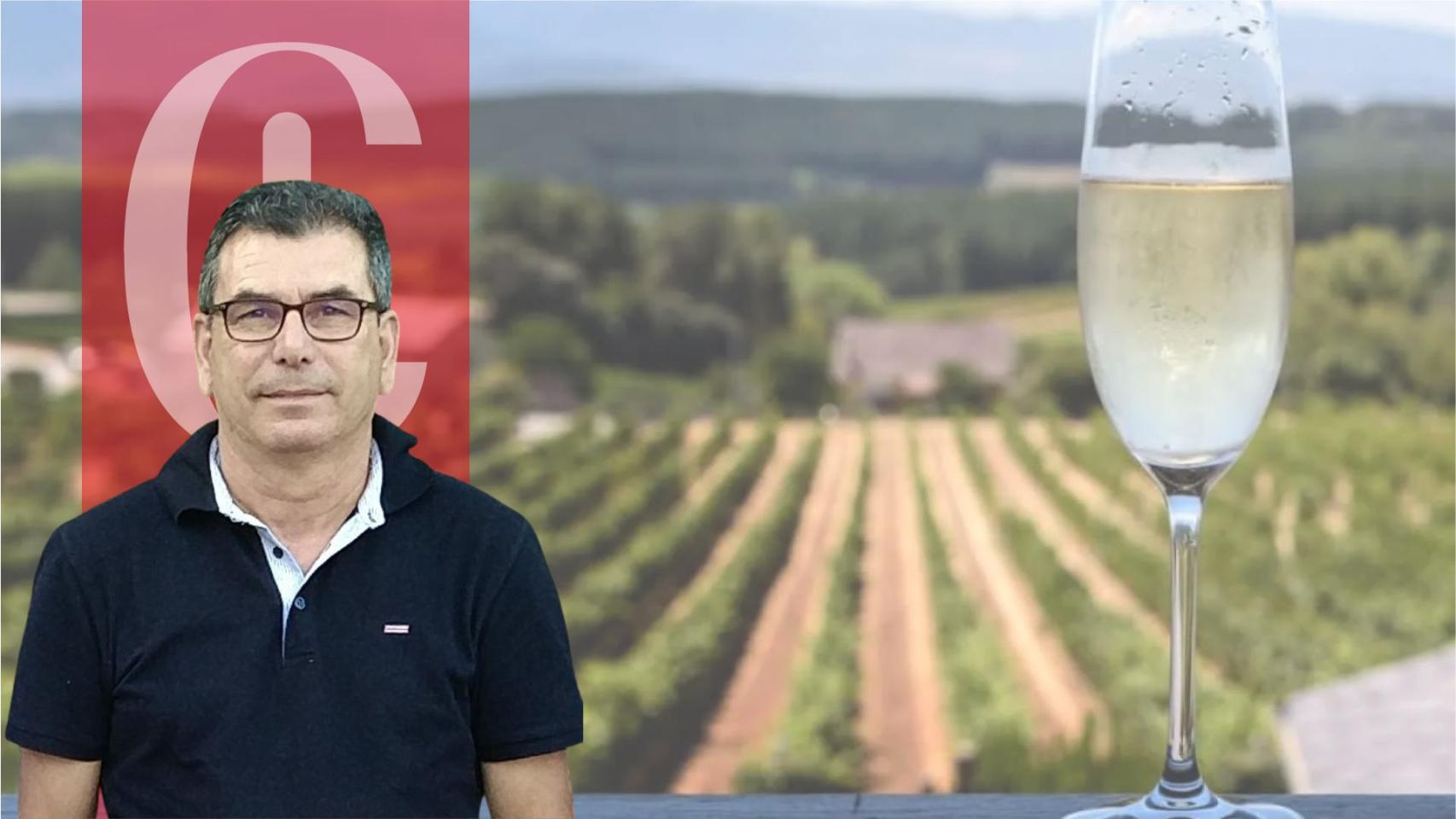 Joan Pons Font y una imagen de viñedos y una copa de cava