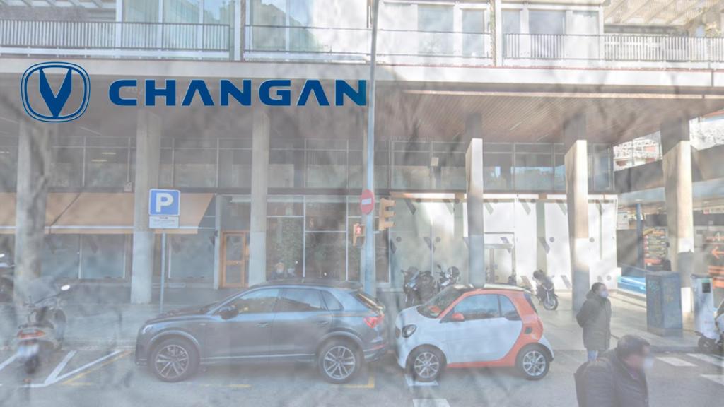 Fotomontaje de la avenida de Sarrià 130 con el logo de Changan