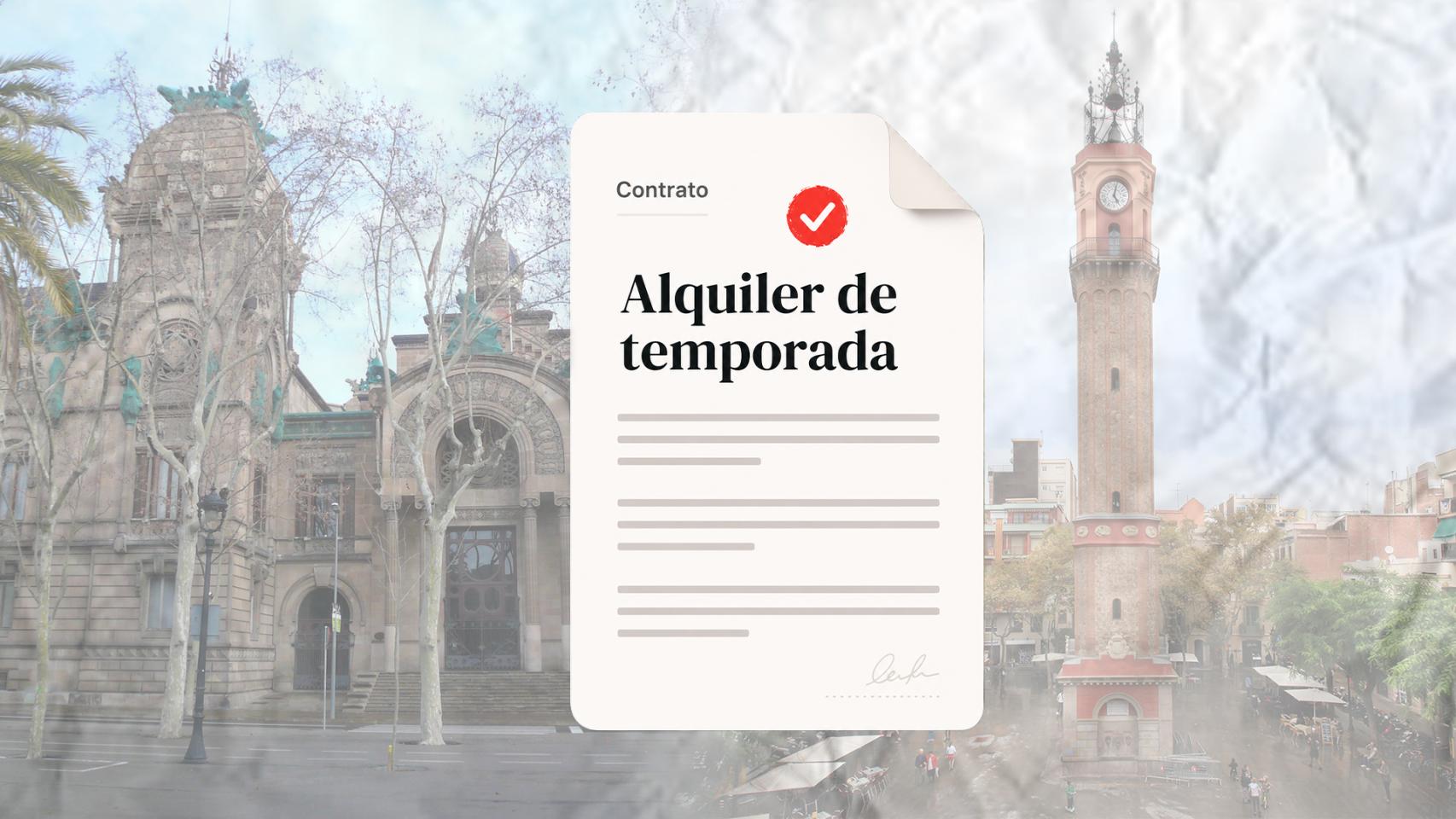 Montaje con el barrio de Gràcia, el TSJC y un contrato de alquiler de temporada