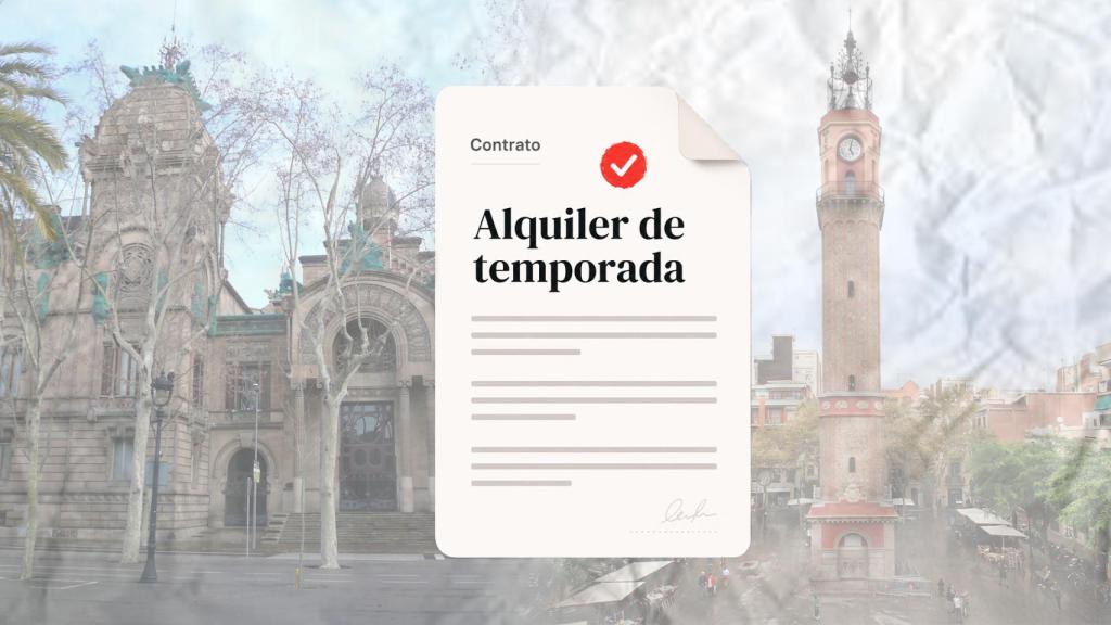 Montaje con el barrio de Gràcia, el TSJC y un contrato de alquiler de temporada