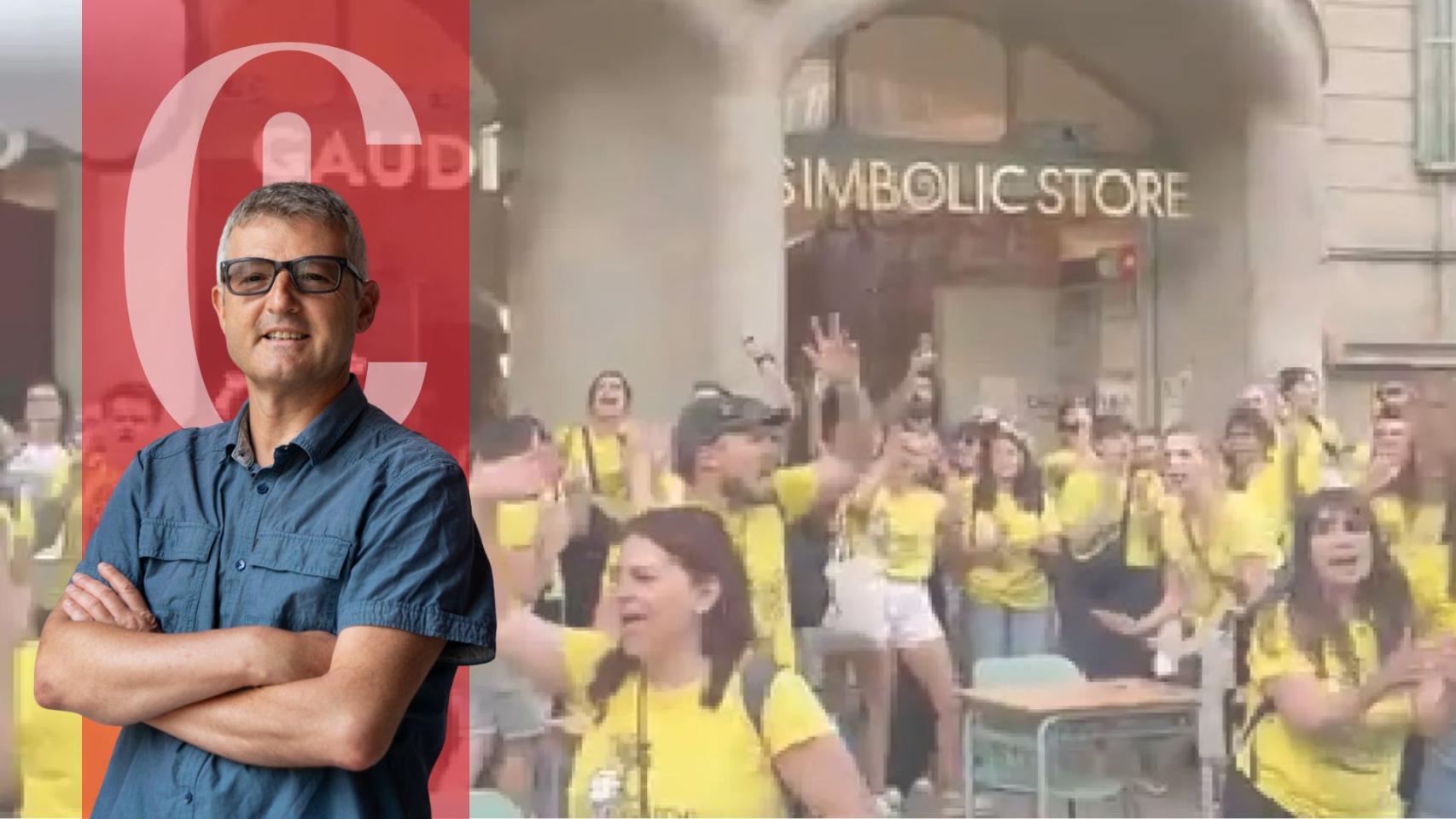 Joaquim Coll y una fotografía de la manifestación de profesores ante la Casa Batlló de Gaudí, en Barcelona