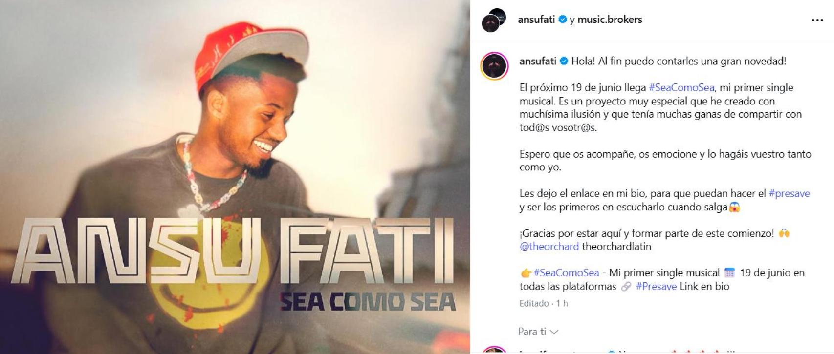 Ansu Fati presenta el seu primer 'single' amb 'Sea como sea' amb la discogràfica Music Brokers