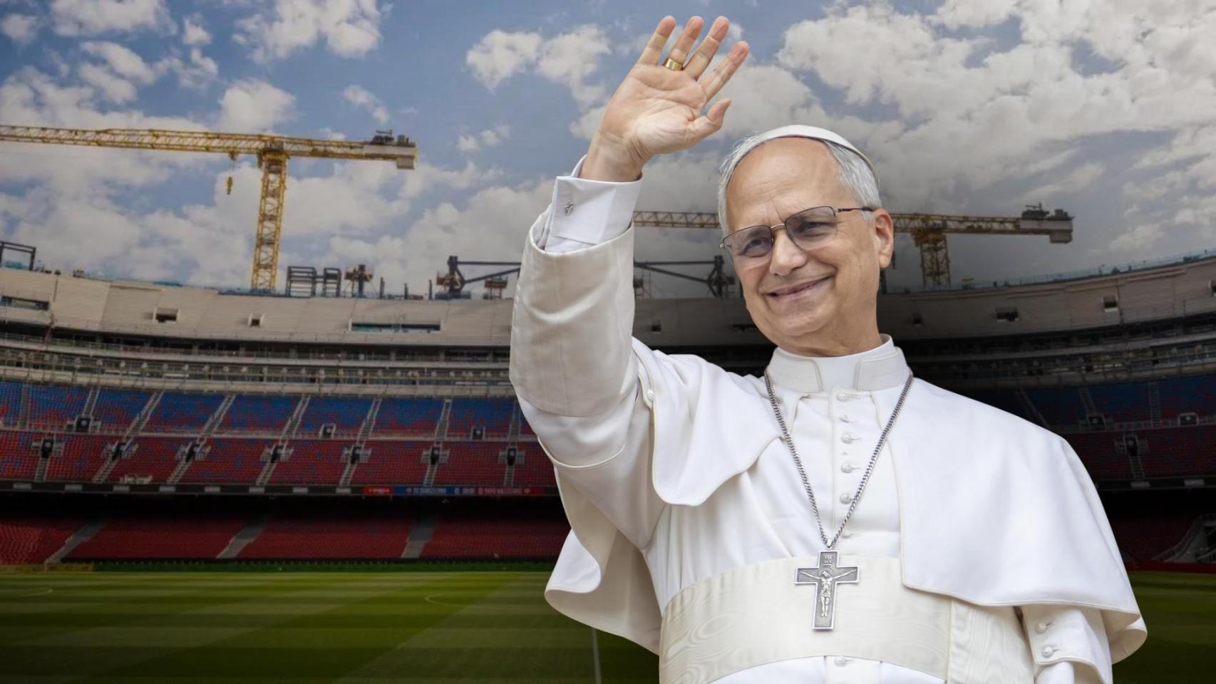 El Papa León XIV con el Spotify Camp Nou de fondo en un fotomontaje