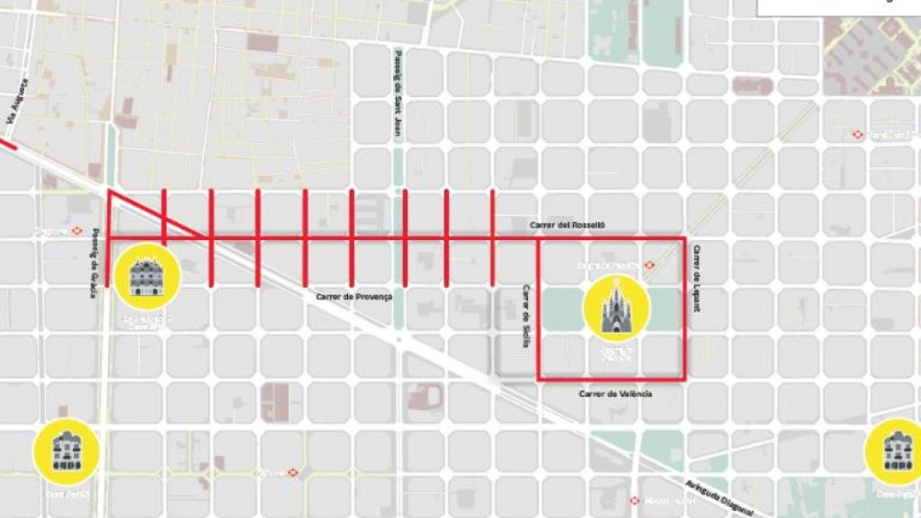 Mapa de las calles cerradas en L’Eixample por la visita del Papa a Barcelona 2
