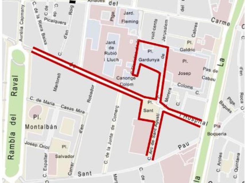 Mapa de Ciutat Vella amb els carrers tancats i restriccions de trànsit previstes per la visita del Papa a Barcelona 2