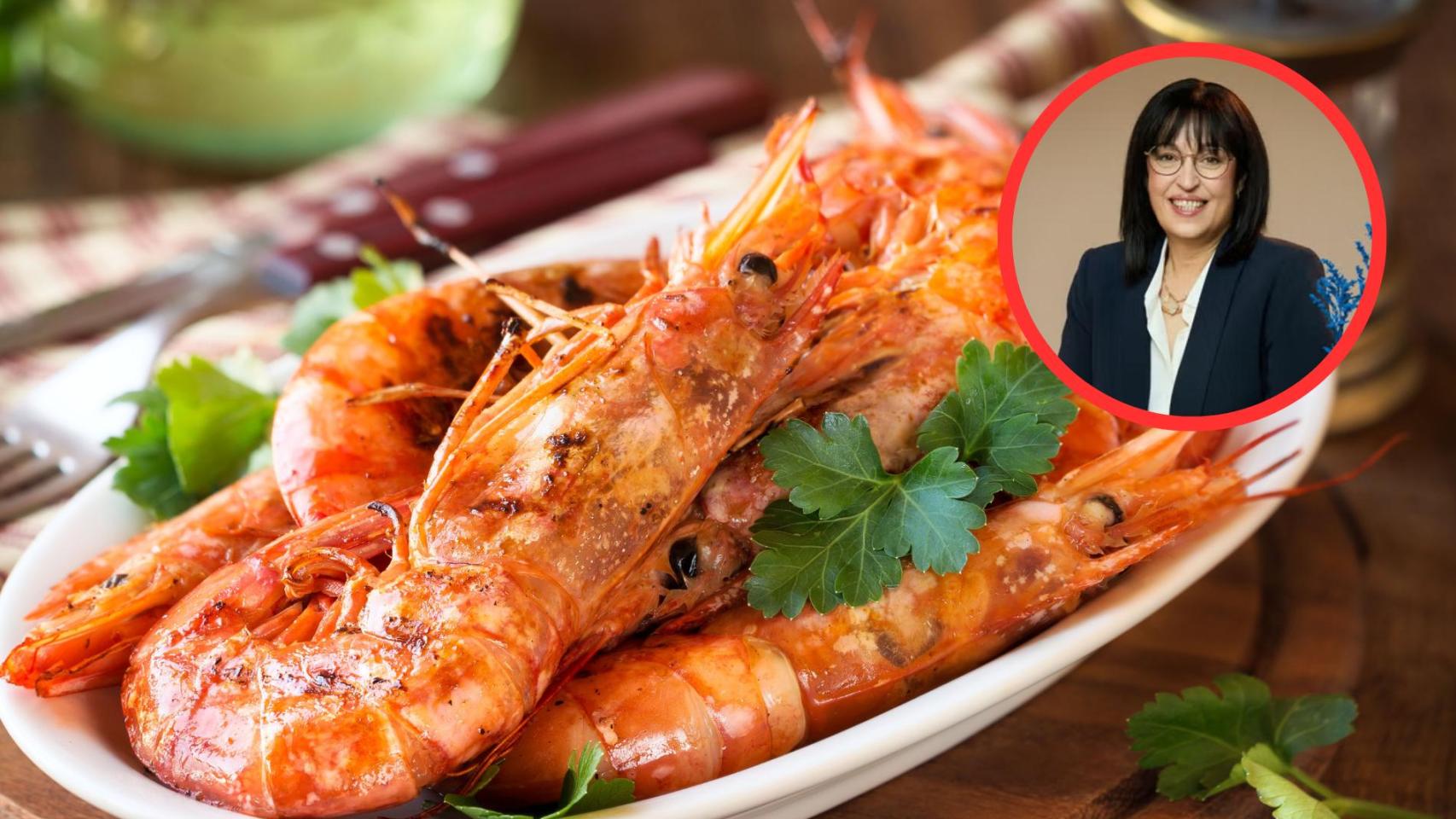 Anna Terés y plato de gambas