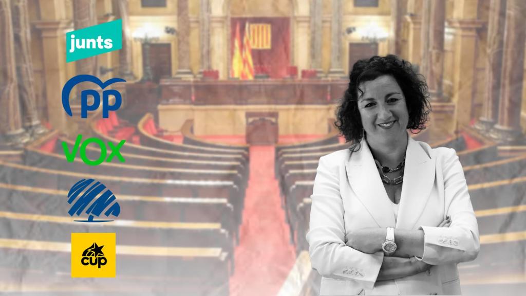 Fotomontaje de la 'consellera' Alícia Romero en el hemiciclo del Parlament, junto a los logos de los partidos de la oposición