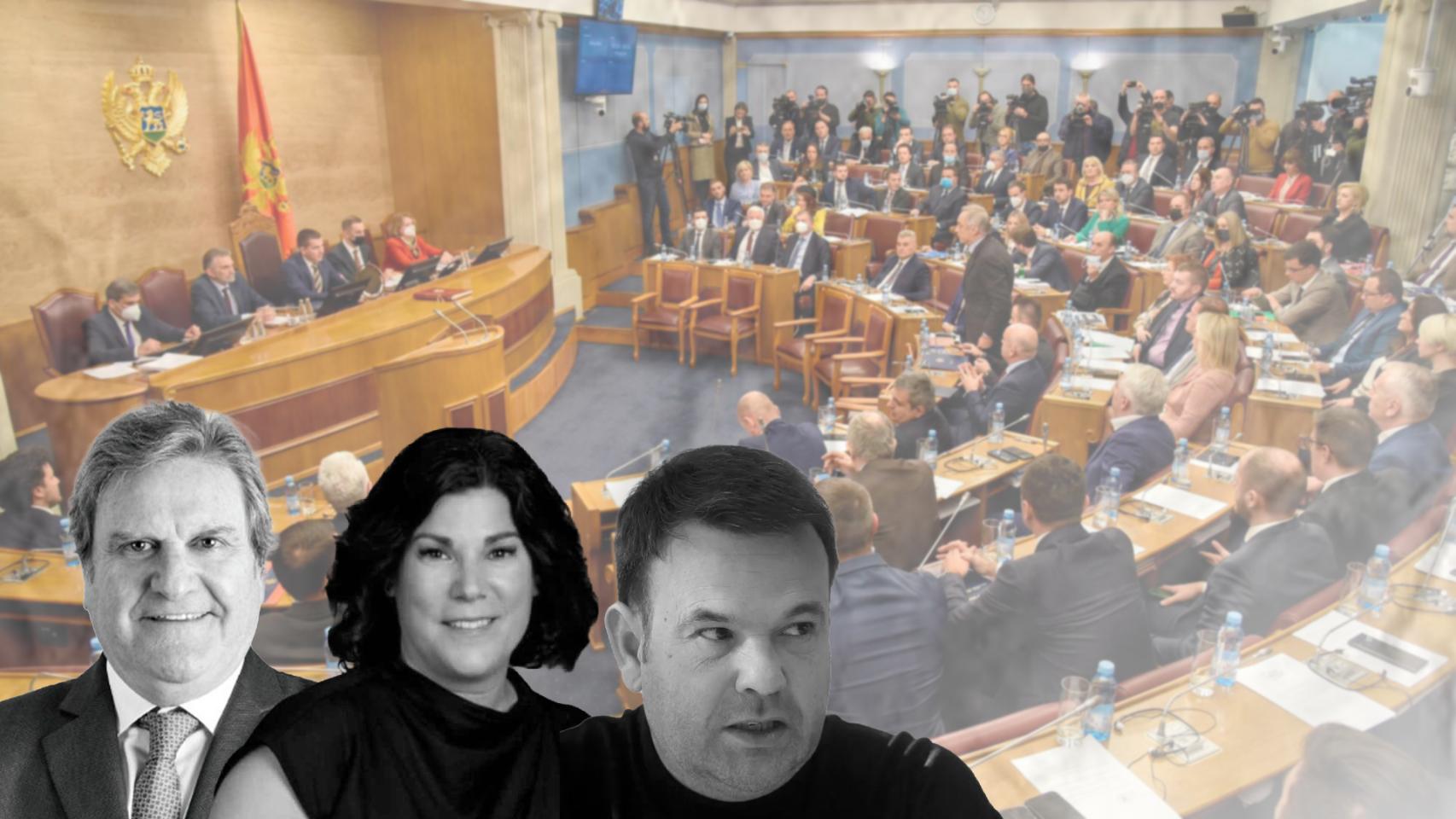 Enrique Fernández Cardellach, Anabel López y José Elías en un fotomontaje con el Parlamento de Montenegro de fondo