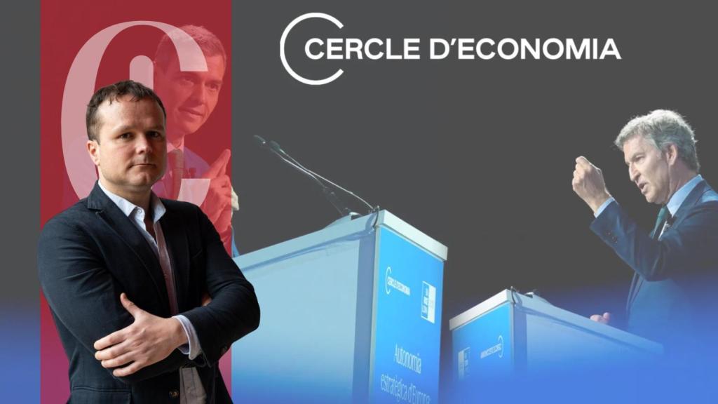 El director de Crónica Global, Ignasi Jorro, y un fotomontaje de Pedro Sánchez y Alberto Núñez Feijóo en las jornadas del Cercle d'Economia