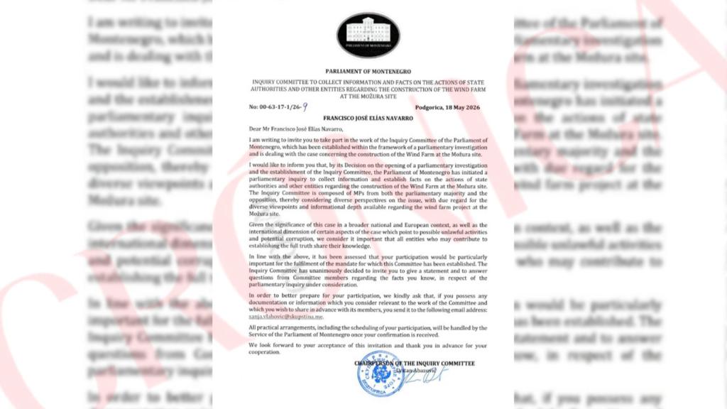 El document enviat pel Parlament de Montenegro a diversos actors del cas Mozura per convidar-los a declarar