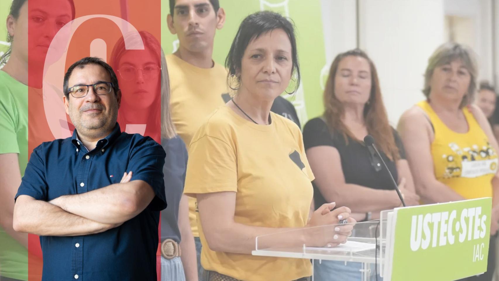 Alejandro Tercero y una rueda de prensa del sindicato Ustec con su portavoz, Iolanda Segura, al frente