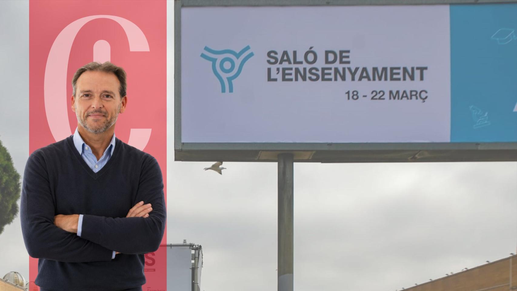 Fernando Pradells y un cartel del Saló de l'Ensenyament