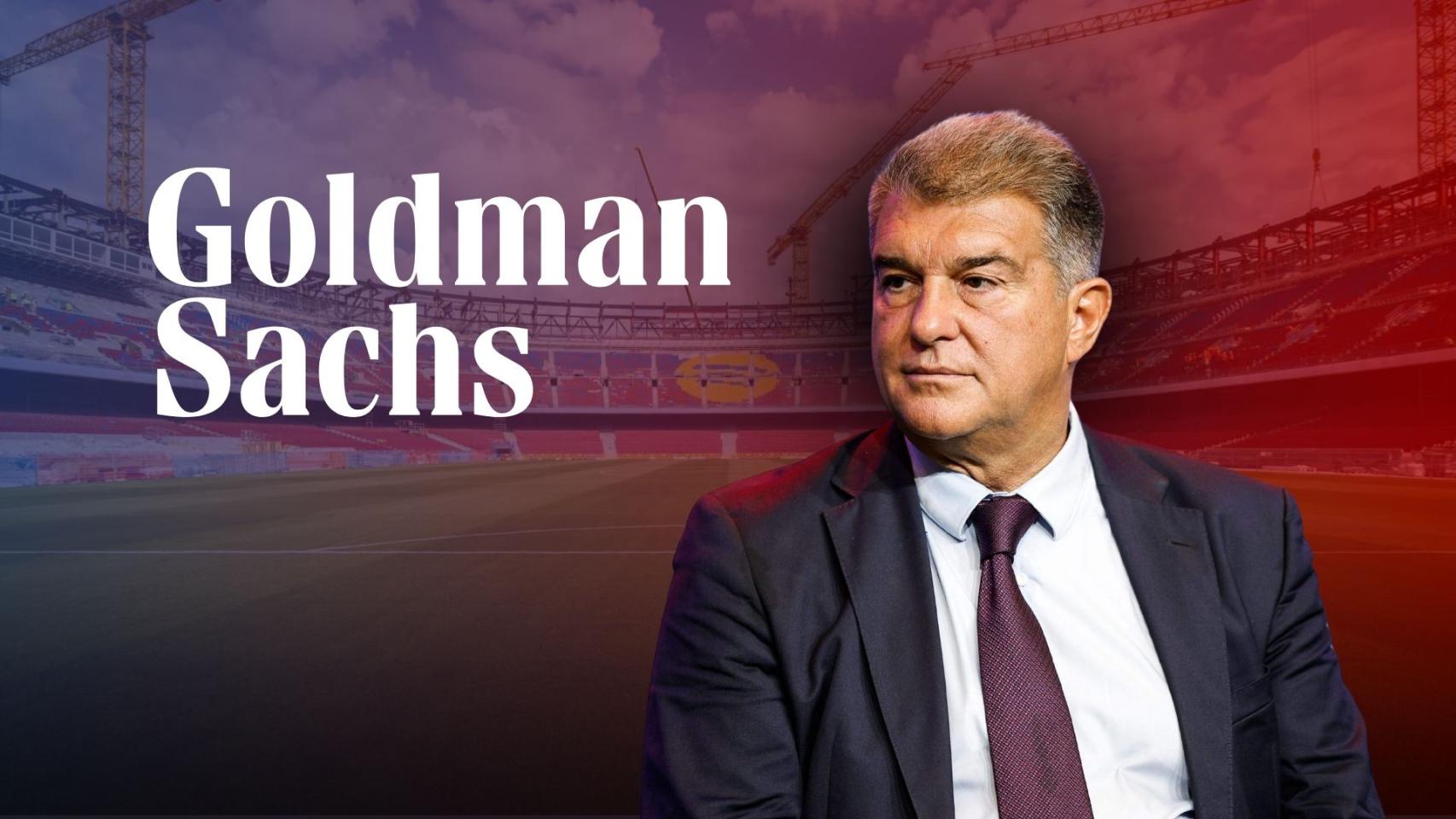 Joan Laporta, en un fotomontaje con el logotipo de Goldman Sachs y el Spotify Camp Nou de fondo