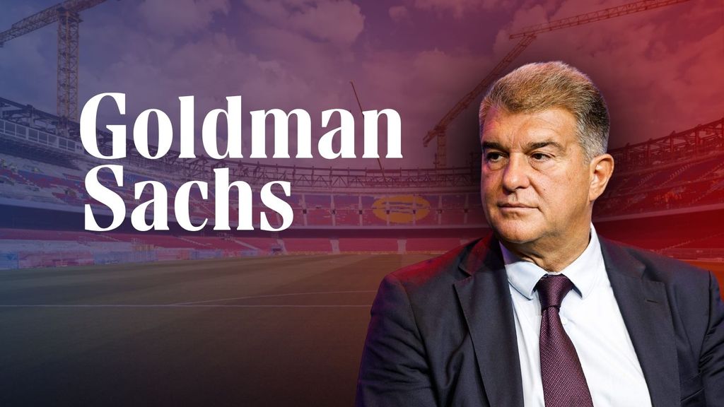 Joan Laporta, en un fotomontaje con el logotipo de Goldman Sachs y el Spotify Camp Nou de fondo