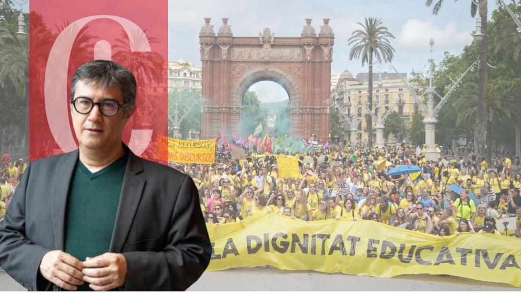 Manel Manchón y una manifestación de docentes en el Arc de Triomf de Barcelona