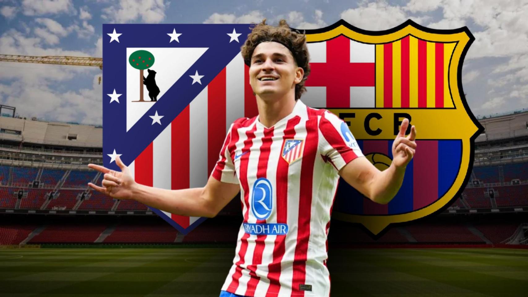 Julián Álvarez con los escudos de Atlético de Madrid y Barça en un fotomontaje