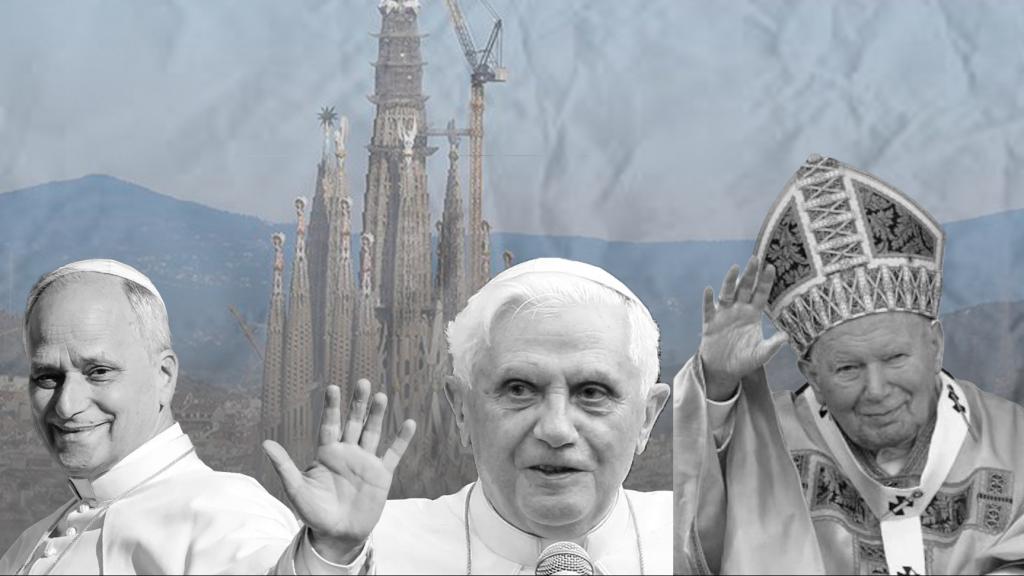 Montaje con la Sagrada Familia y los papas Juan Pablo II, Benedicto XVI y León XIV
