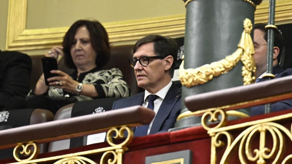 El president de la Generalitat de Catalunya, Salvador Illa, durant la visita del Papa Lleó XIV al Congrés dels Diputats, a 8 de juny de 2026