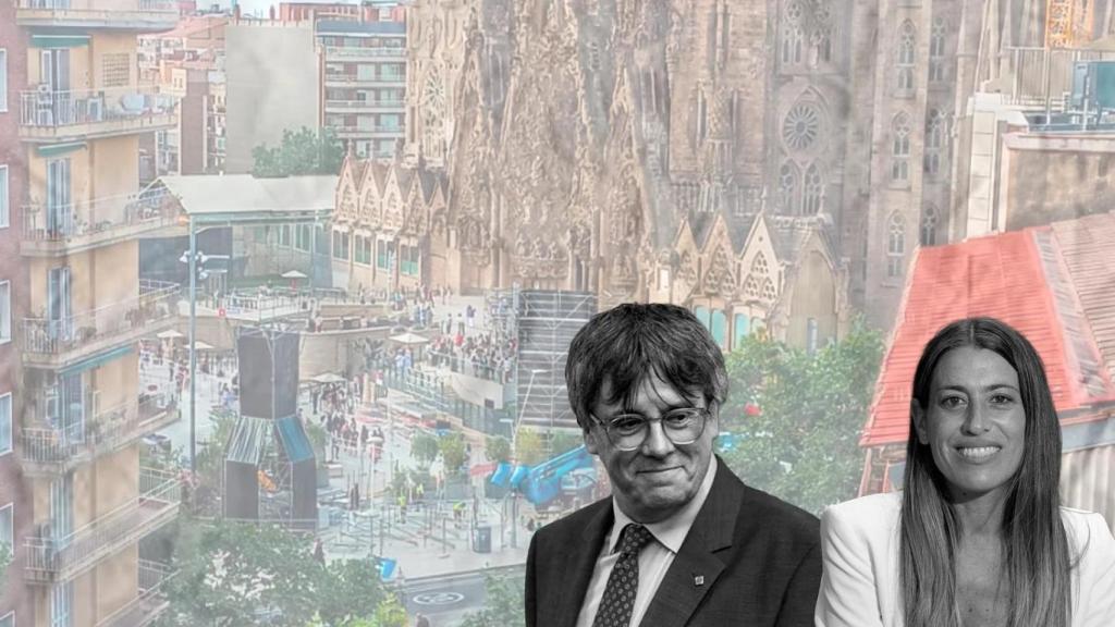 Los dirigentes de Junts Carles Puigdemont y Míriam Nogueras con la Sagrada Familia lista para recibir al papa León XIV de fondo
