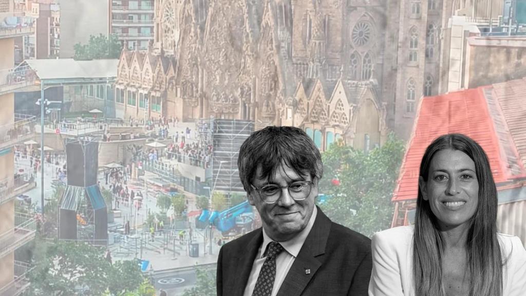 Los dirigentes de Junts Carles Puigdemont y Míriam Nogueras con la Sagrada Familia lista para recibir al papa León XIV de fondo
