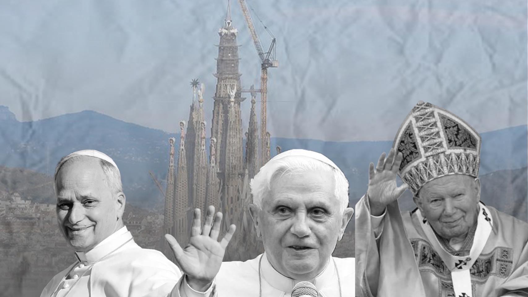 Montaje con la Sagrada Familia y los papas Juan Pablo II, Benedicto XVI y León XIV