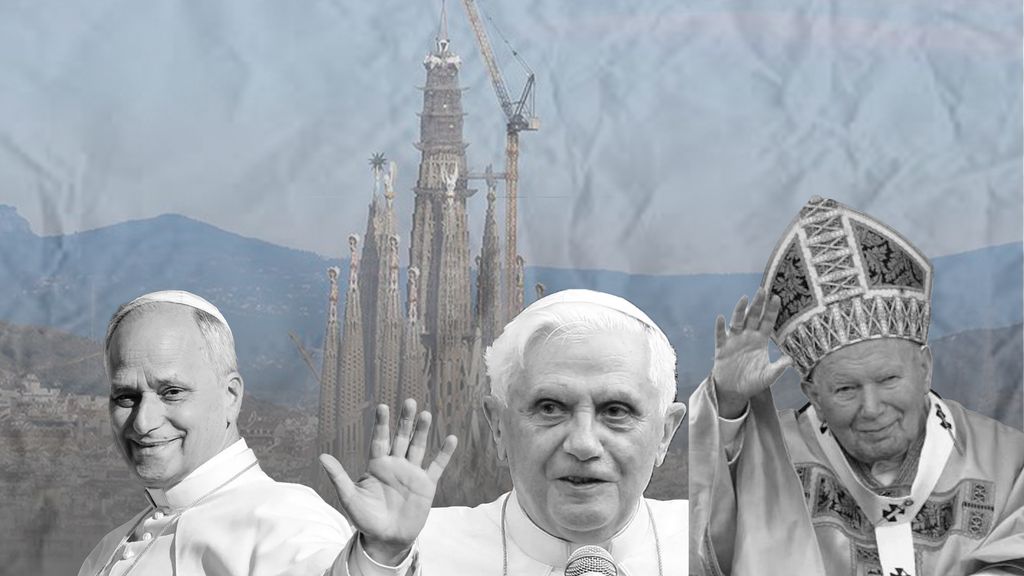 Montaje con la Sagrada Familia y los papas Juan Pablo II, Benedicto XVI y León XIV