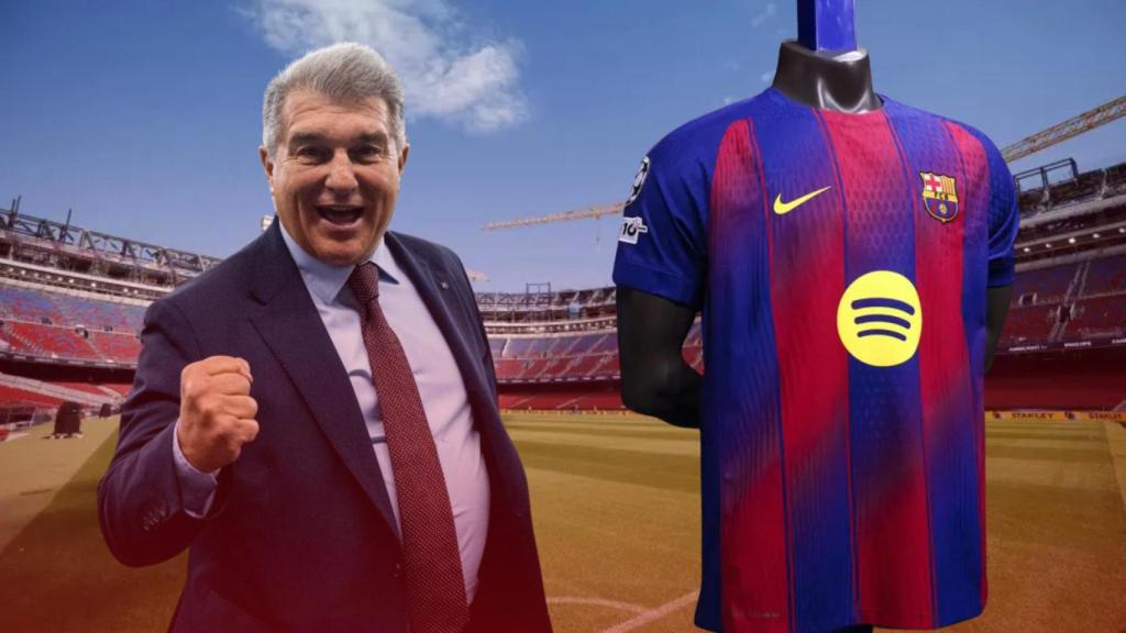 Joan Laporta, una camiseta del Barça y el Spotify Camp Nou, en un fotomontaje