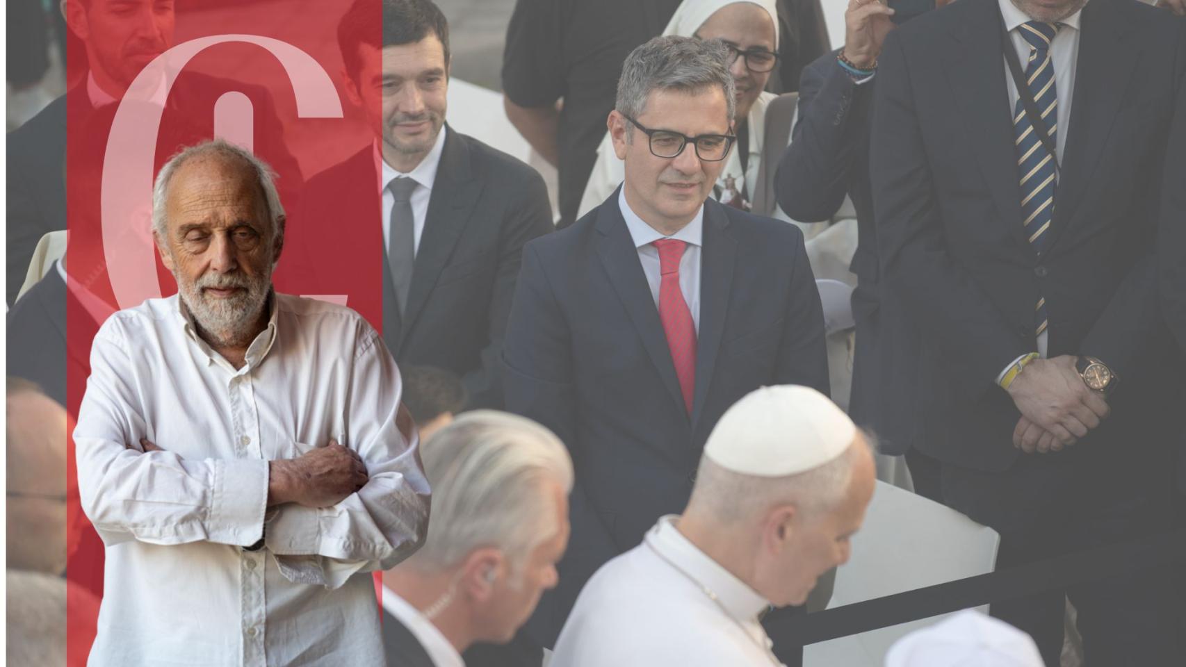 Josep Maria Cortés y una imagen de ministros del Gobierno recibiendo al Papa León XIV