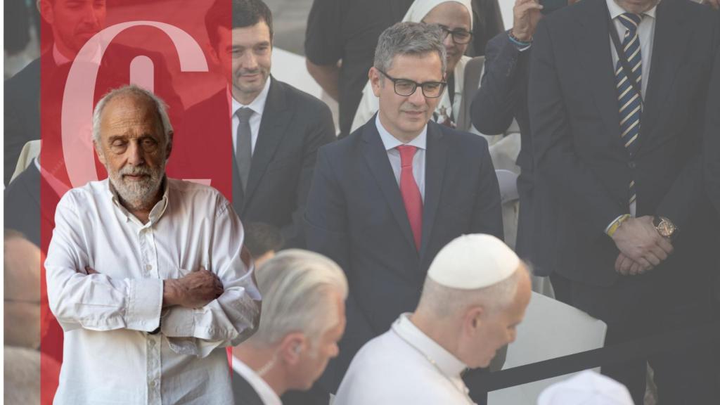 Josep Maria Cortés y una imagen de ministros del Gobierno recibiendo al Papa León XIV