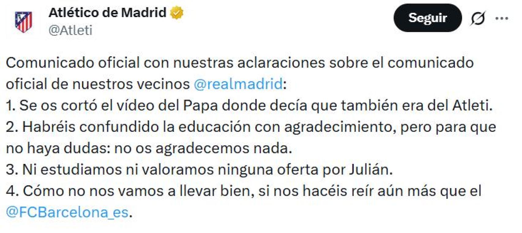 El Atlético de Madrid se mofa del Real Madrid por la oferta a Julián Álvarez