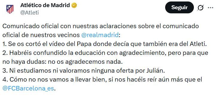 L’Atlètic de Madrid es burla del Reial Madrid per l’oferta a Julián Álvarez