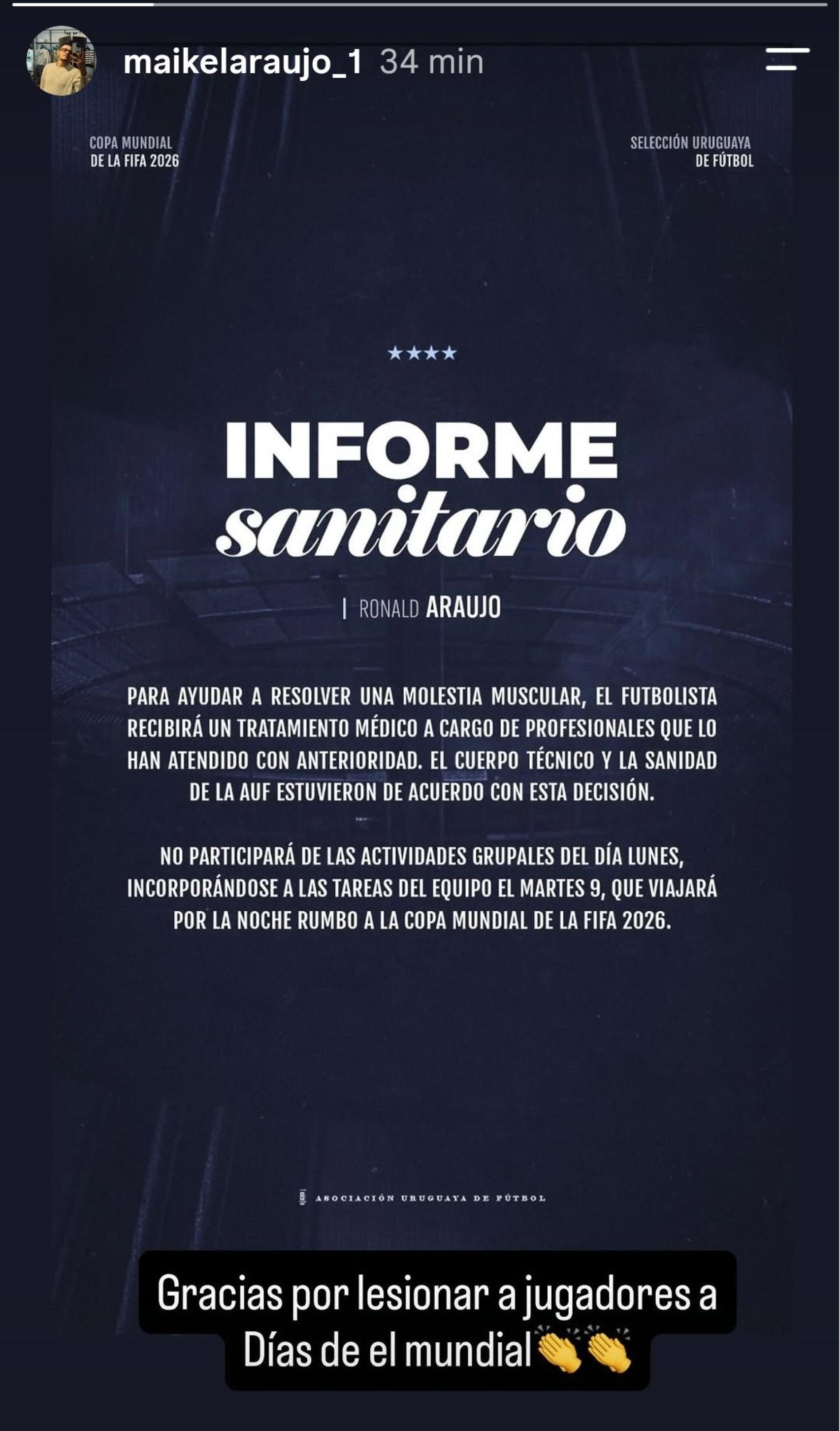 'Story' del hermano de Ronald Araujo por la lesión antes del Mundial