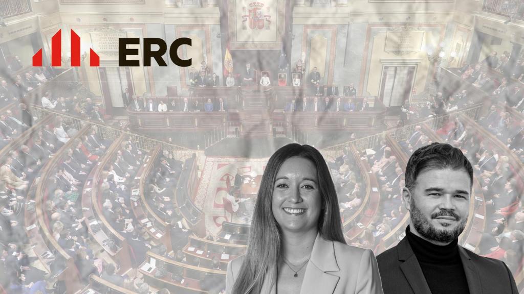 Fotomontaje de Gabriel Rufián junto a la diputada Ana Balsera, con el hemiciclo del Congreso de los Diputados de fondo