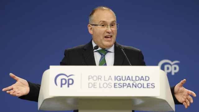 El portavoz del PP en el Congreso, Miguel Tellado, durante una comperecencia en la sede del PP en Madrid / Mariscal - EFE