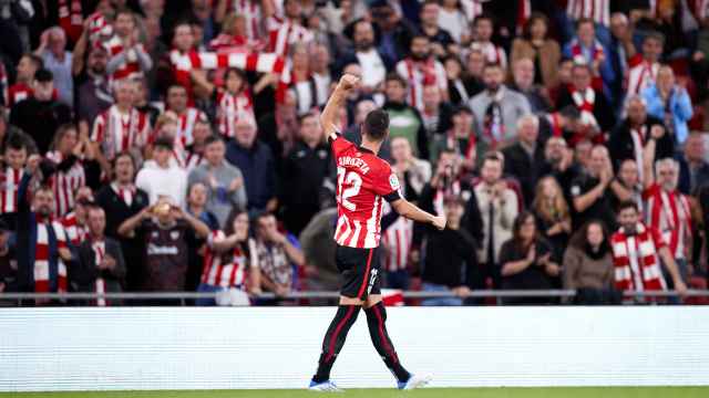 Gorka Guruzeta celebra uno de los 9 goles anotados hasta ahora en competición liguera.