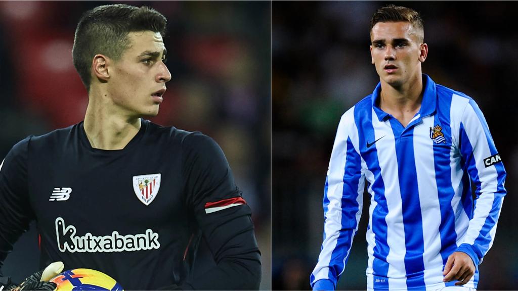 Kepa (i) y Griezmann (d), durante sus etapas como jugadores del Athletic y de la Real, respectivamente.