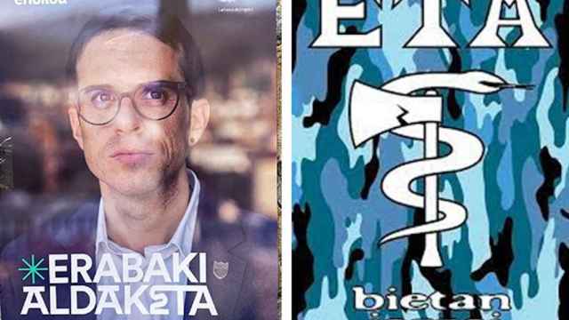 Un cartel electoral con la imagen del candidato de Bildu, Pello Otxandiano, y un cartel de la banda terrorista ETA