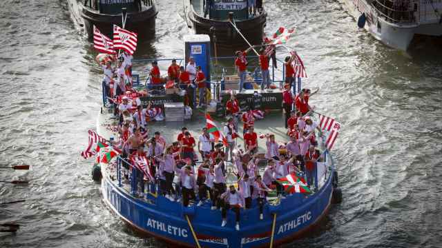 Los jugadores del Athletic Club en la gabarra este jueves día 11 de abril de 2024.