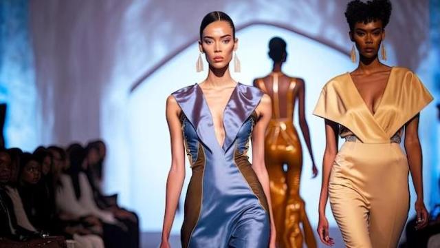 Tres modelos desfilan en una pasarela de moda.