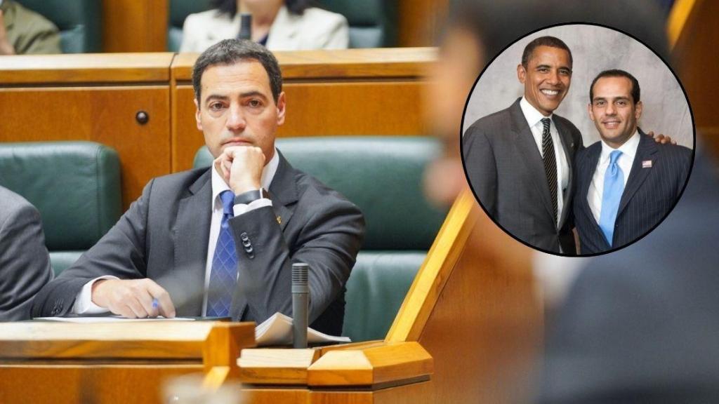 El lehendakari Pradales, pensativo. Arriba a la derecha, Obama junto a Juan Verde.