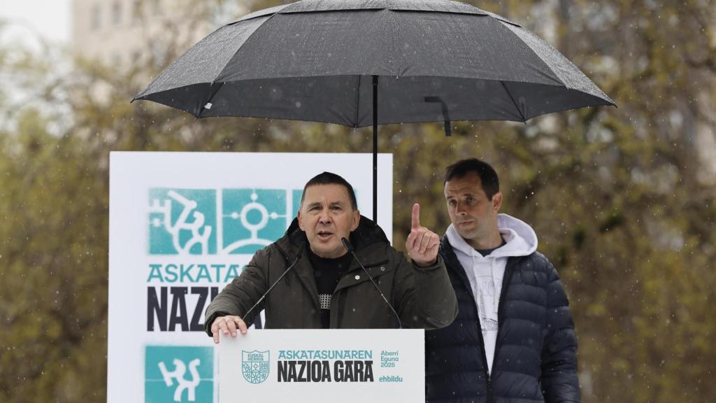 El secretario general de EH Bildu, Arnaldo Otegi, durante su intervención en Pamplona con motivo de la celebración del Aberri Eguna (día de la patria vasca)