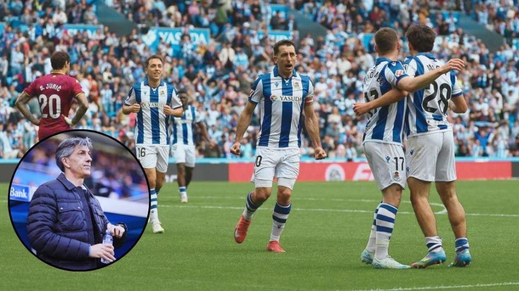 La Real Sociedad celebra un gol anotado esta temporada. En la parte inferior izquierda, Imanol pensativo.