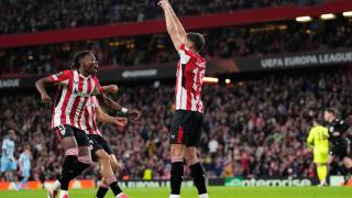 Los jugadores del Athletic Club celebran un gol anotado esta temporada en la Europa League.