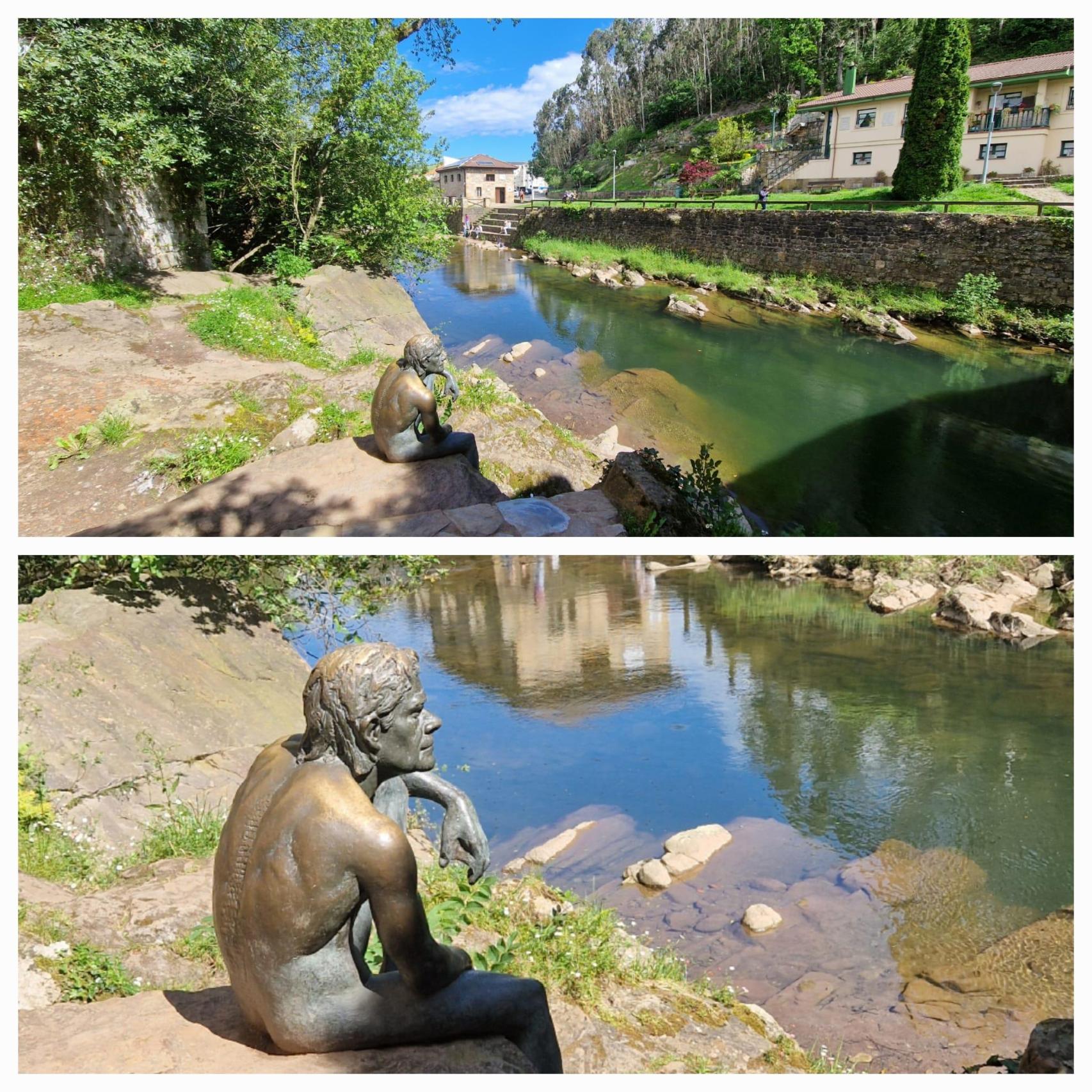 La estatua del hombre pez se sitúa bajo el Puente Mayor o Puente romano, construido entre finales del siglo XVI y principios del XVII, es uno de los que cruzan el Miera, un corto río que a su paso deja pintorescos paisajes
