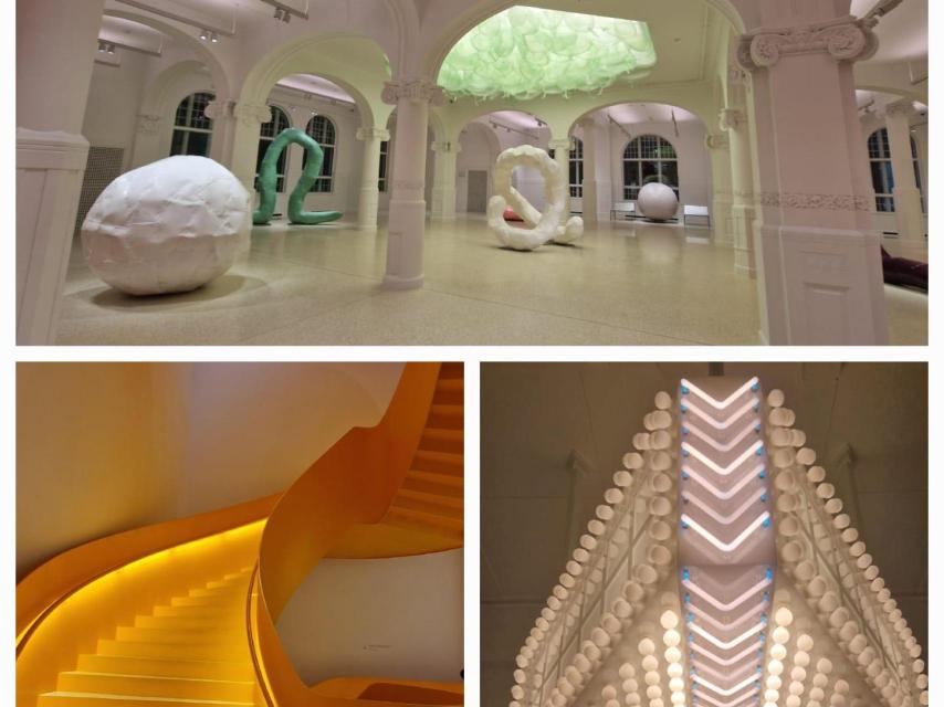 : India Padami firma varios trabajos como la llamativa escalera amarilla o la acogedora sala de lectura en la que la madera ha sido decorada por dos artistas pictóricos. Los trabajos de Warhol , con su mirada al régimen de Mao y los de Cui Jie, con el desarrollo posterior del país asiático, se complementan